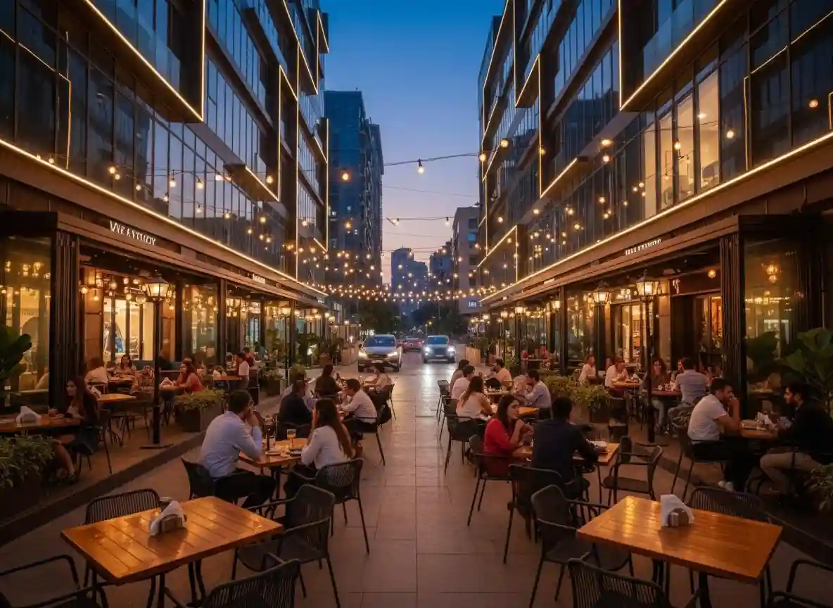 Baner Pune high street with trendy restaurants and modern buildings