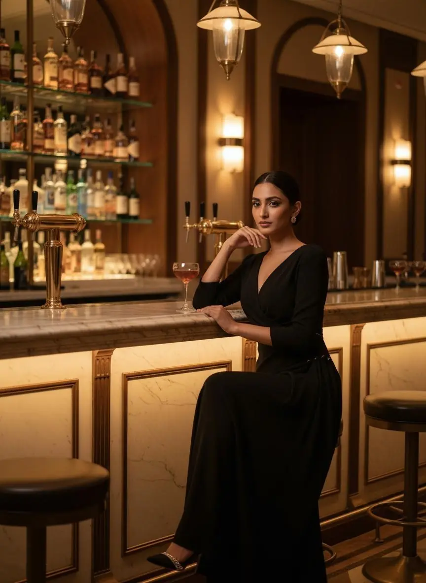 Elegant woman at a luxury hotel bar in Pune