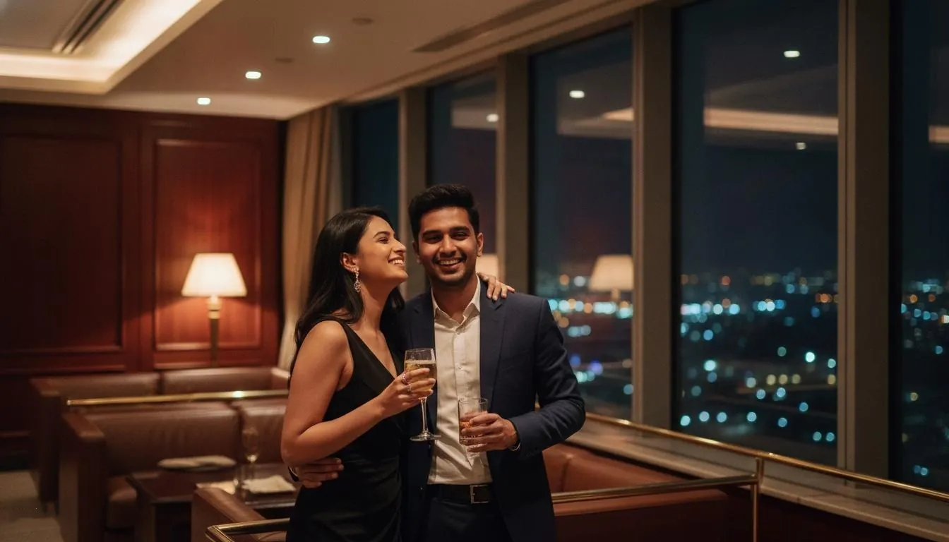 Elegant couple enjoying luxury dining in Pune with city skyline views