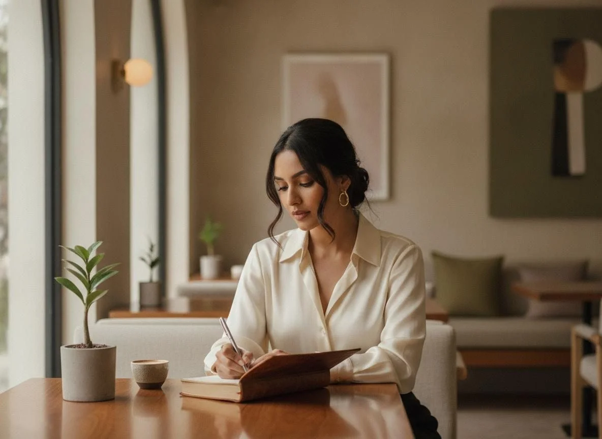 Elegant woman writing in a journal at a cafe